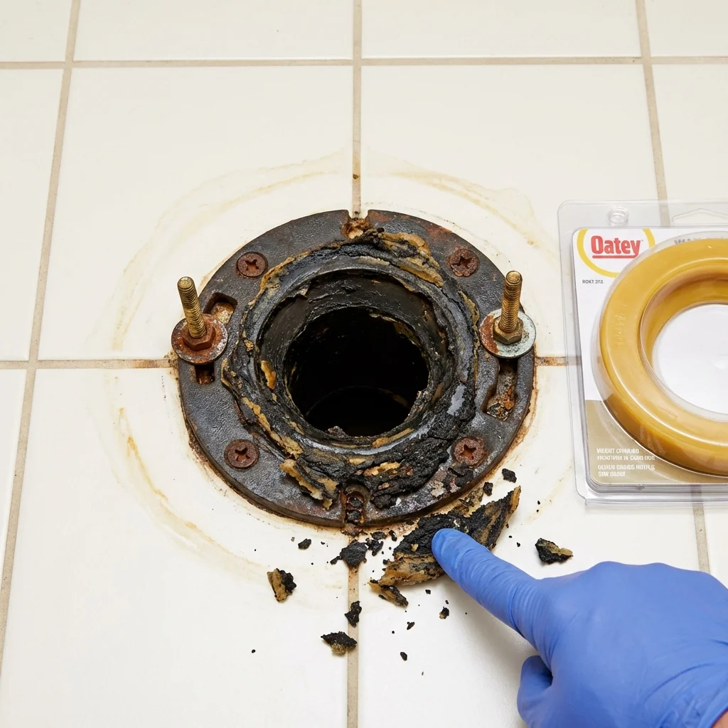 Failed wax ring showing water seepage at the base of a toilet in a Washington, VT home