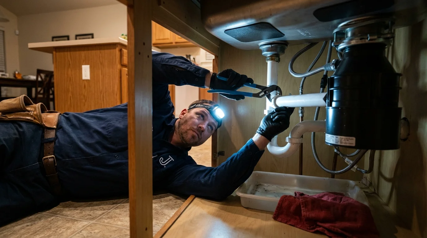 P-trap and supply line connections under a kitchen sink showing a common leak point in Washington, VT